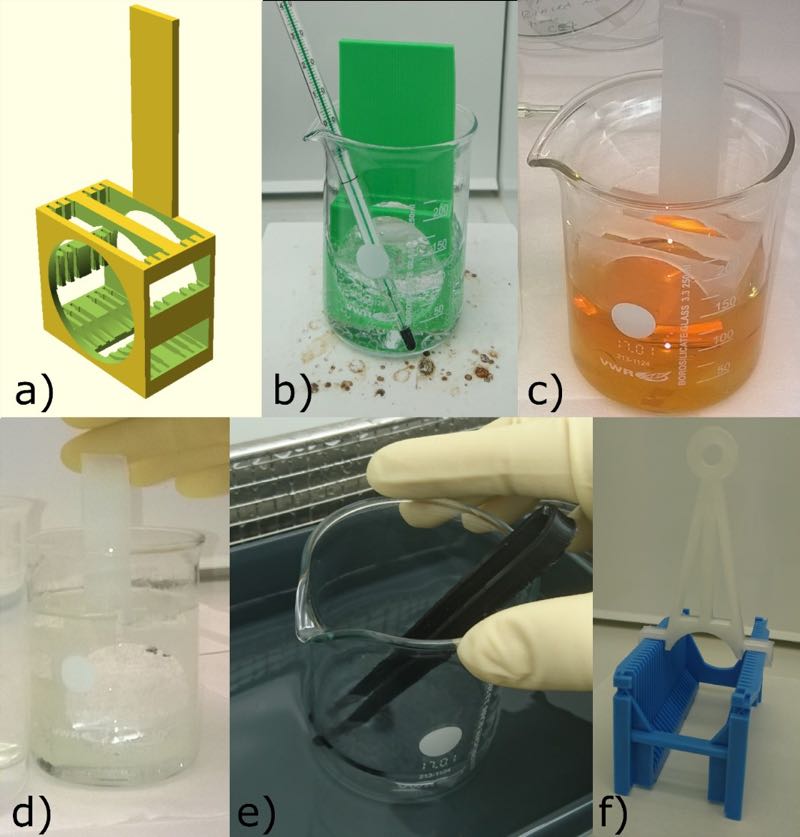 Examples of 3D-printed labware: a) 3D model of the 2-inch dipper; b) Modified dipper made of green ABS in RCA 1 solution in a borosilicate beaker; c) Clear PP dipper in Aqua regia solution; d) PP dipper immersed into Piranha, <br> e) Black Alloy 910 tweezers in sonicated acetone; f) a large clear PP handle for a 3 inch wafer jig