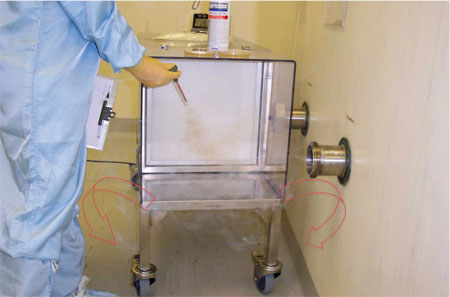 Figure 3: Photograph showing that there is a strong, horizontal, fast moving air flow across the face of the UDAF and the transfer port. Therefore any contamination arising from the activity or from the operative is unlikely to remain in the vicinity