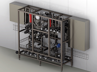 Cut of 3D model showing service area section of filter skid