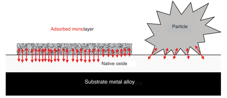 Fig. 2: Comparison of bonding sites for a particle and the same volume of residue adsorbed on the surface of a metallic medical device. Arrows representing bonding sites are not to scale and not representative of the number of bonding sites <sup>22</sup>