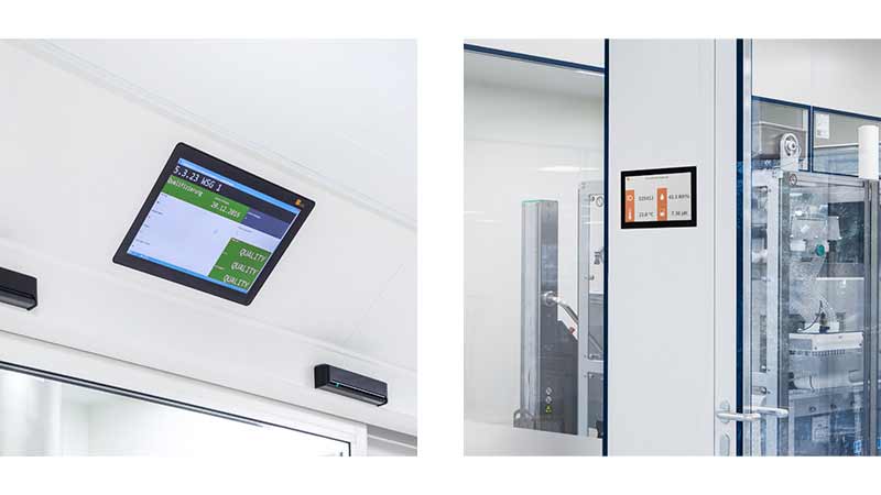 Left: CONTROL: Fush-mounted installation work (Option 1); Right: MODI Room information display - as well suitable for flush mounted installation from the front
