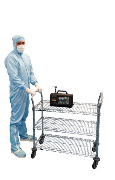 Cleanroom cart to transport particle counter and to sample at working height for cleanroom certification with shortest length of sampling tubing
