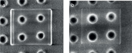 Figure 7: Holes before (a) and after (b) cleaning<br>Images courtesy of NIST