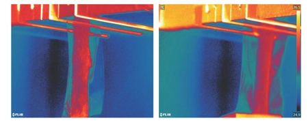 Figure 1: Thermography is being used to characterise the direct sealing process<br> Left: Fibre tear; Right: Clean peel