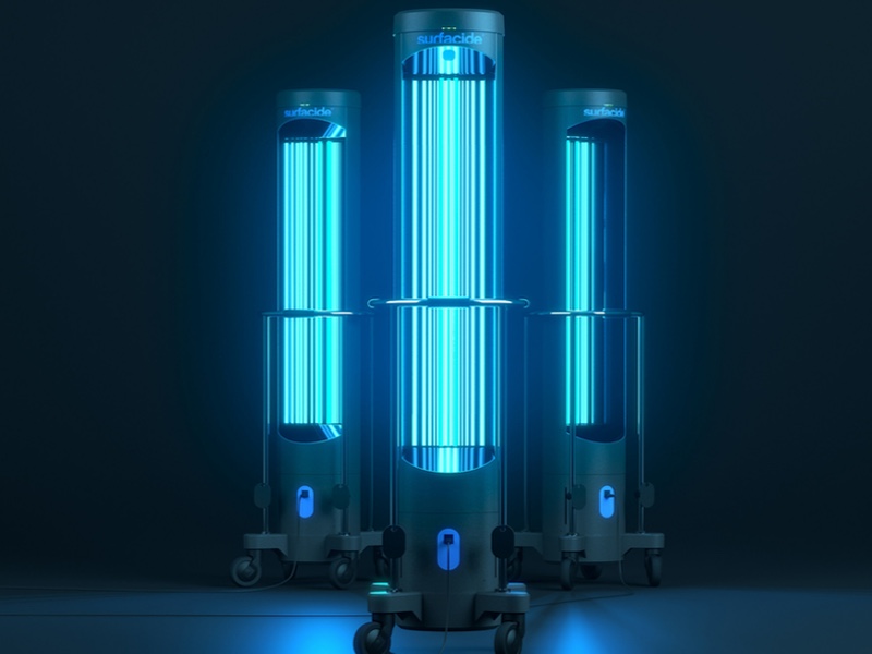 Surfacide Helios system is the only patented, low-level UV-C disinfection solution to use a trio of light emitting 'robots' simultaneously, significantly reducing bacteria and virus on colonized surfaces