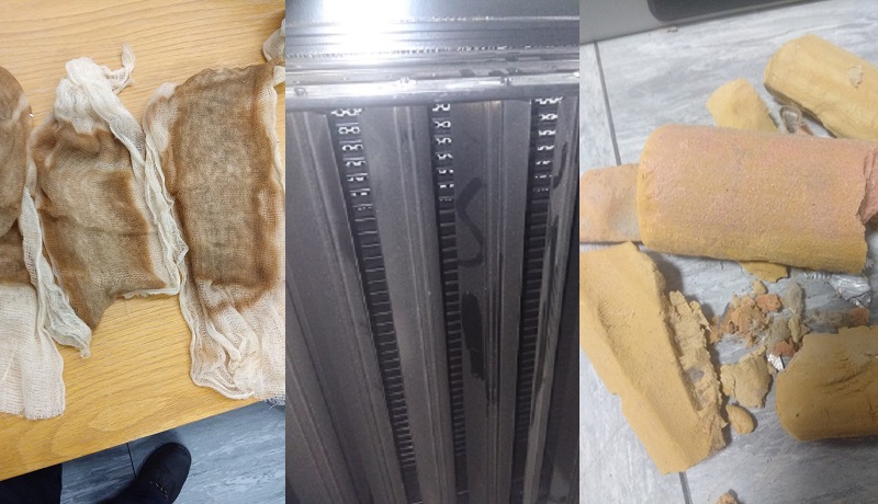 Left: These tack wipes show dust that was found on plastic composite walls, the data hall has Free Air <br> Middle: Dust visible on Air Tile. This data hall has enclosed AC, the dust when wiped was black <br> Right: Phenolic foam insulation left under an AC unit, in the air flow, this contaminated 25 racks of equipment with yellow dust, which had entered the servers and switches