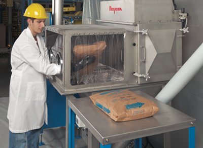 Bag dumping system includes glove box, compactor and conveyor