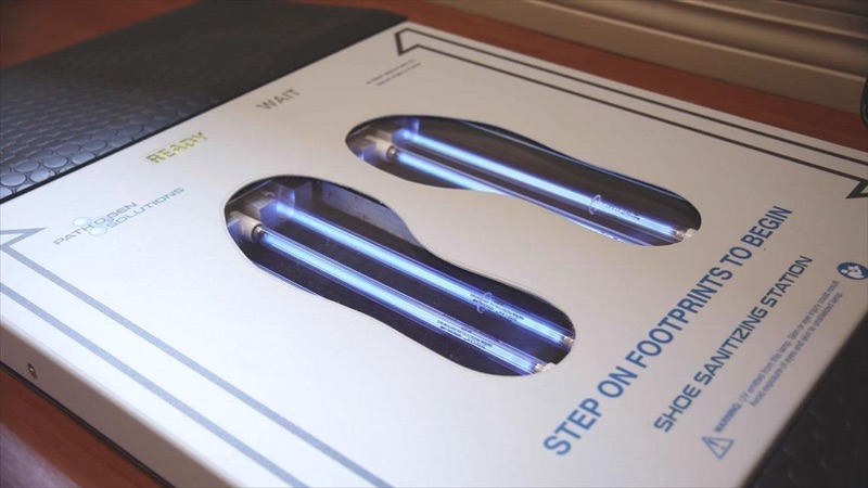 Patented technology built in PathO3Gen stations combines ozone and UVC <br> to kill 99.9% of pathogens on the soles of shoes